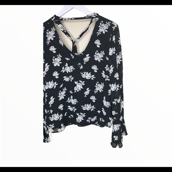 SANCTUARY Anthro Rosie Tie Blouse W Long Bell Style Sleeves Black Floral Size XS - Picture 7 of 13